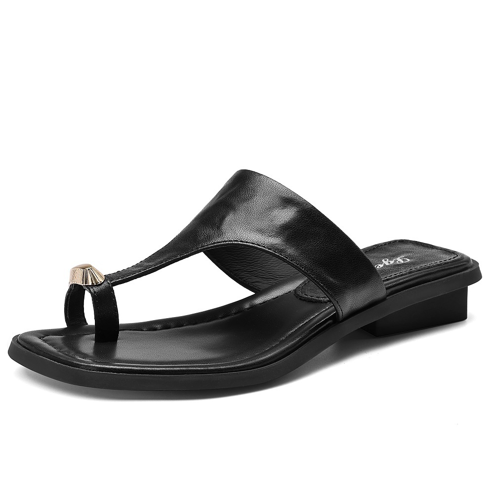 Women Genuine Leather Simple Thong Sandals Solid Color Leopard Print 2.5 CM Square Heel Metal Buckle Square Toe Casual Summer Flip Flops 60522