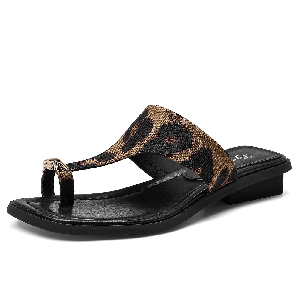 Women Genuine Leather Simple Thong Sandals Solid Color Leopard Print 2.5 CM Square Heel Metal Buckle Square Toe Casual Summer Flip Flops 60522