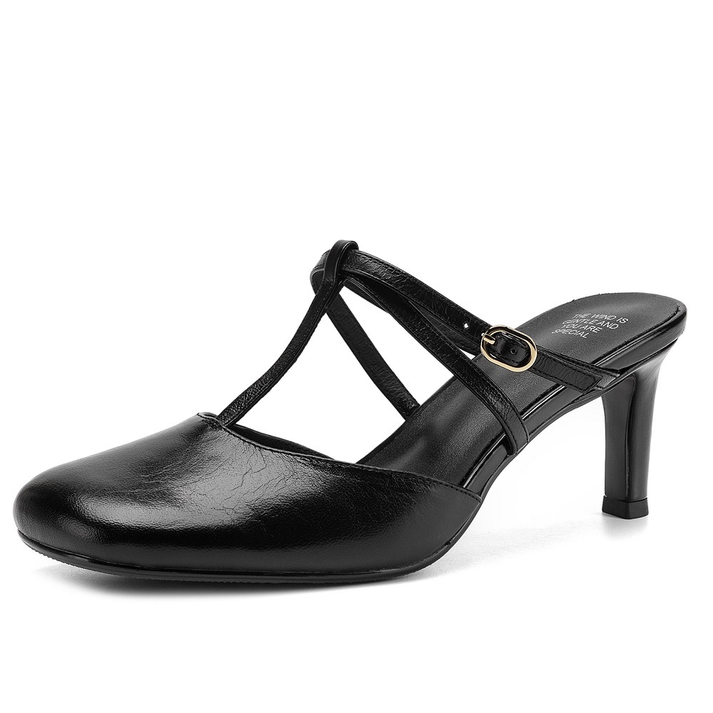 Women Genuine Sheepskin French Square Toe Slip On Backless Slippers 6.5 CM Thin Heel Cut Out Fashion Summer Belt Buckle Sandals  60522