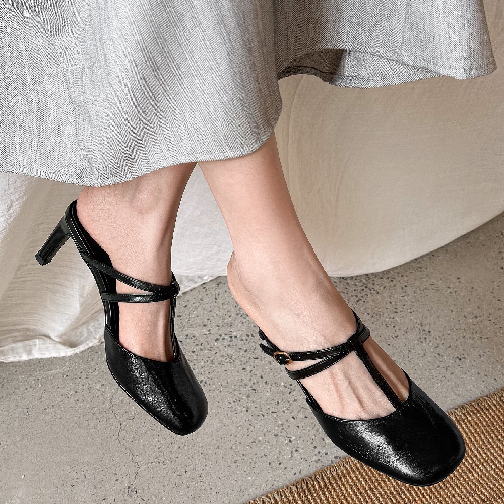 Women Genuine Sheepskin French Square Toe Slip On Backless Slippers 6.5 CM Thin Heel Cut Out Fashion Summer Belt Buckle Sandals  60522