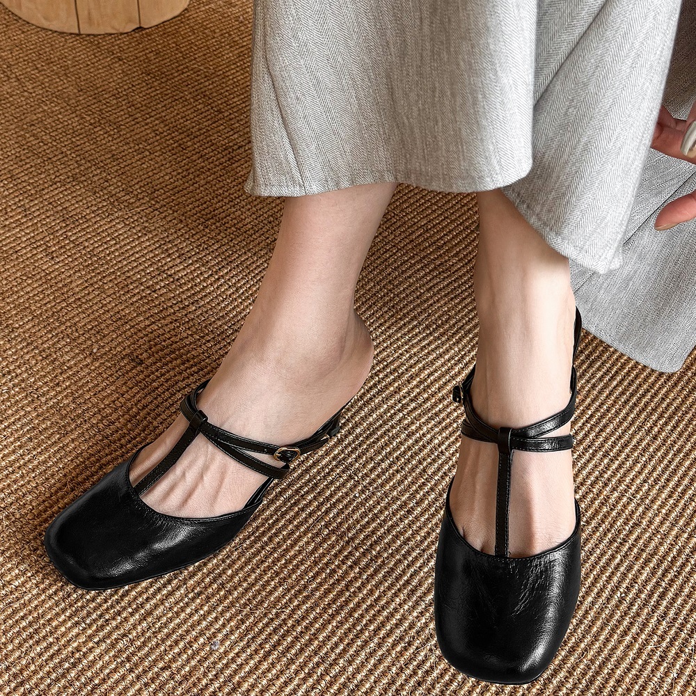 Women Genuine Sheepskin French Square Toe Slip On Backless Slippers 6.5 CM Thin Heel Cut Out Fashion Summer Belt Buckle Sandals  60522