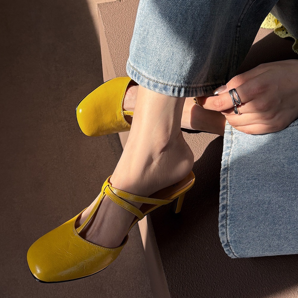 Women Genuine Sheepskin French Square Toe Slip On Backless Slippers 6.5 CM Thin Heel Cut Out Fashion Summer Belt Buckle Sandals  60522
