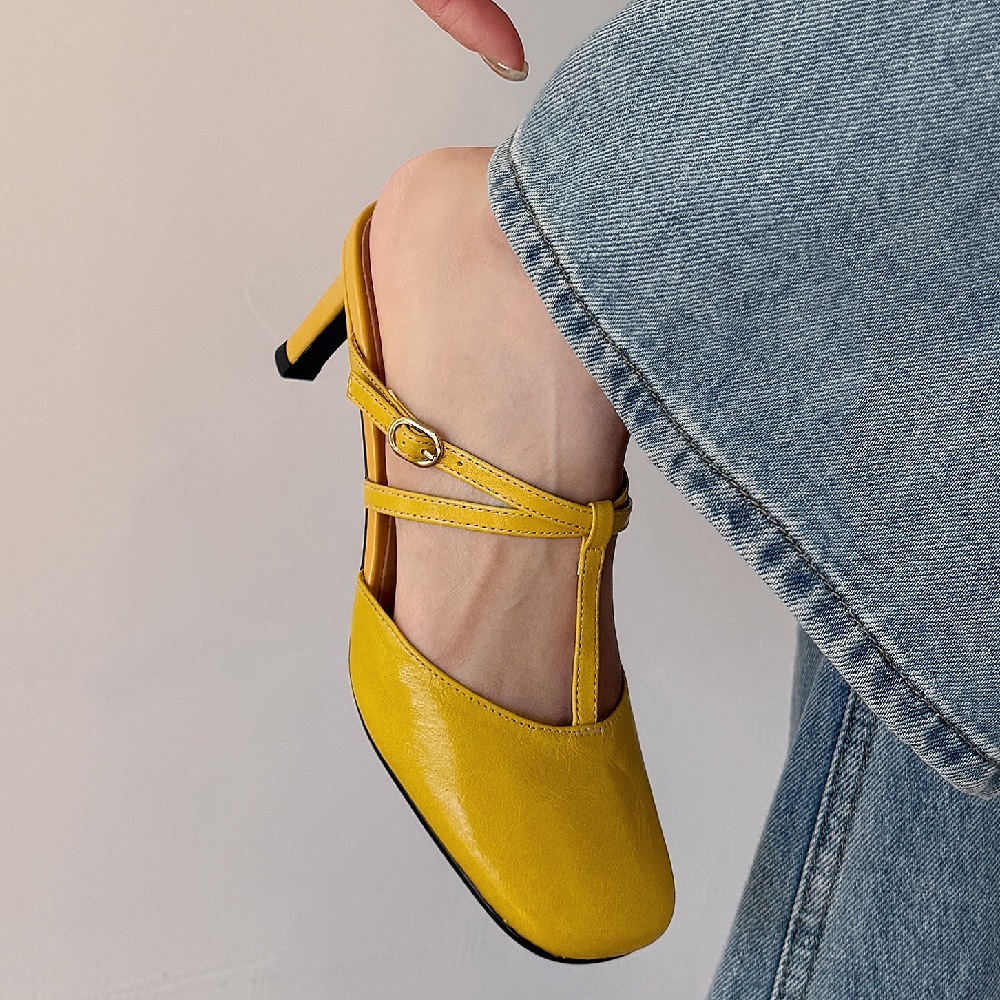 Women Genuine Sheepskin French Square Toe Slip On Backless Slippers 6.5 CM Thin Heel Cut Out Fashion Summer Belt Buckle Sandals  60522