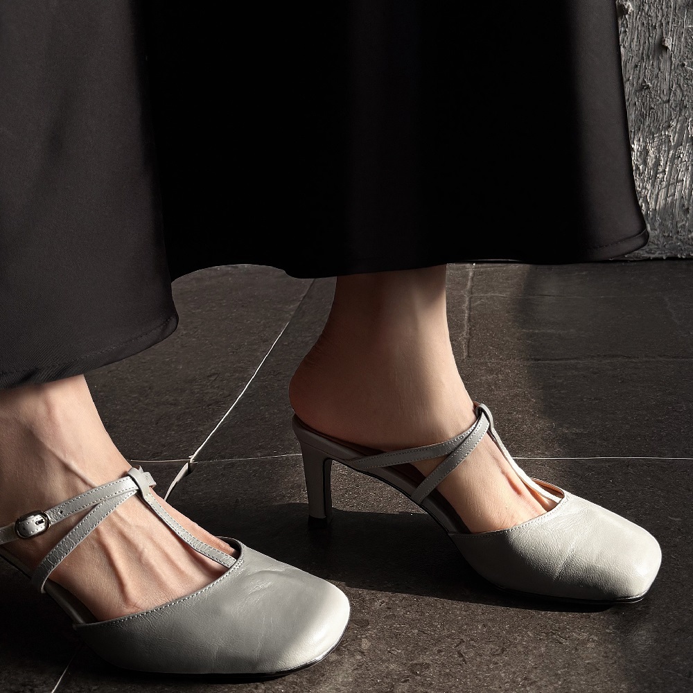 Women Genuine Sheepskin French Square Toe Slip On Backless Slippers 6.5 CM Thin Heel Cut Out Fashion Summer Belt Buckle Sandals  60522