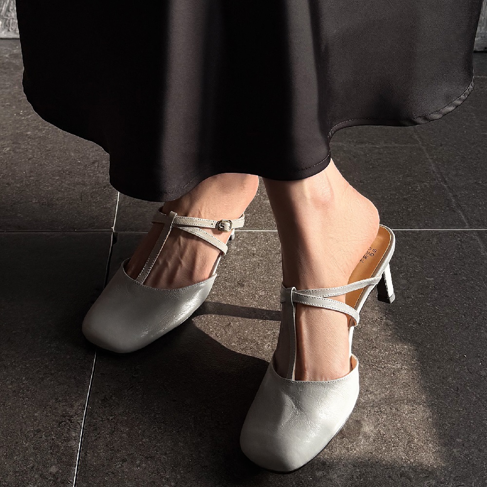 Women Genuine Sheepskin French Square Toe Slip On Backless Slippers 6.5 CM Thin Heel Cut Out Fashion Summer Belt Buckle Sandals  60522