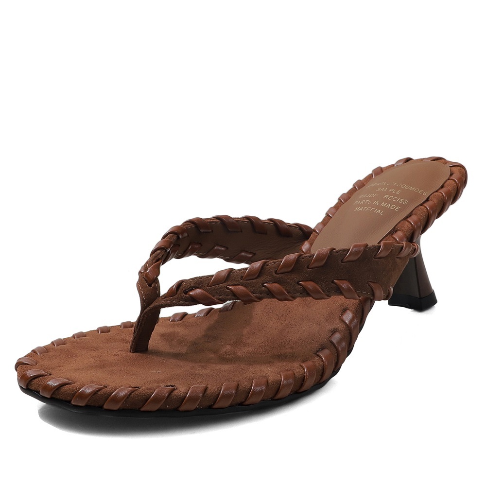 Women's Suede Leather Flip Flops 6 CM Cone Heel Braided Strap French Style Slippers Casual Korean Daily Vacation Sandals 60522