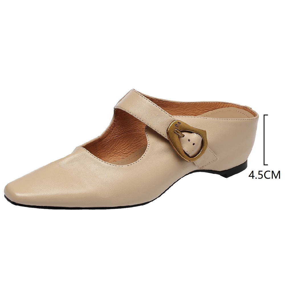 Genuine Leather Women Pointed Toe Cut Out Mule Shoes 4.5 CM High Heel Shallow Mouth Buckle Casual Fashion Slip On Spring Summer Sandals 60523