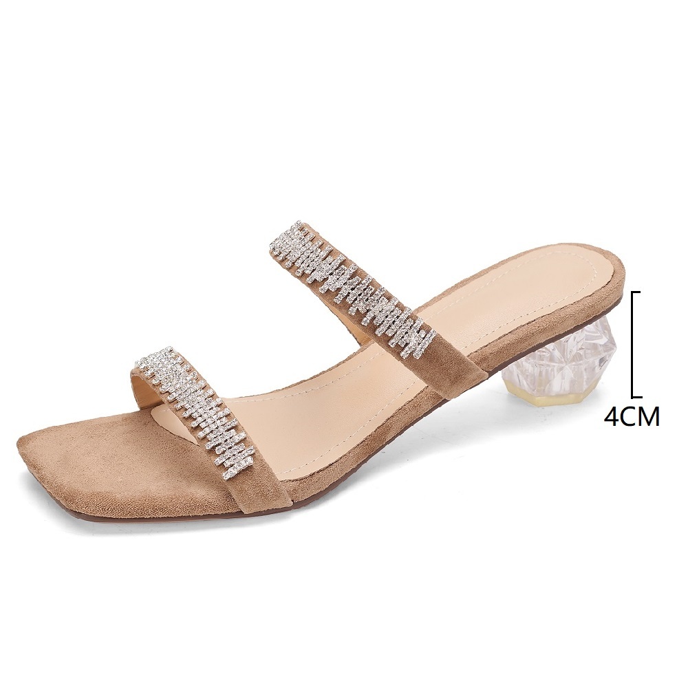 4 CM Crystals Heel Genuine Leather French Square Toe Thin Straps Elegant Minimalist Versatile Summer Women's Mule Slippers 60523