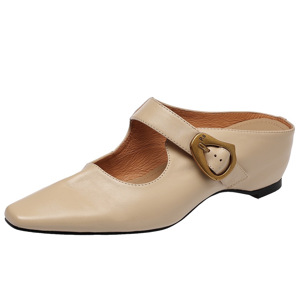 Genuine Leather Women Pointed Toe Cut Out Mule Shoes 4.5 CM High Heel Shallow Mouth Buckle Casual Fashion Slip On Spring Summer Sandals 60523