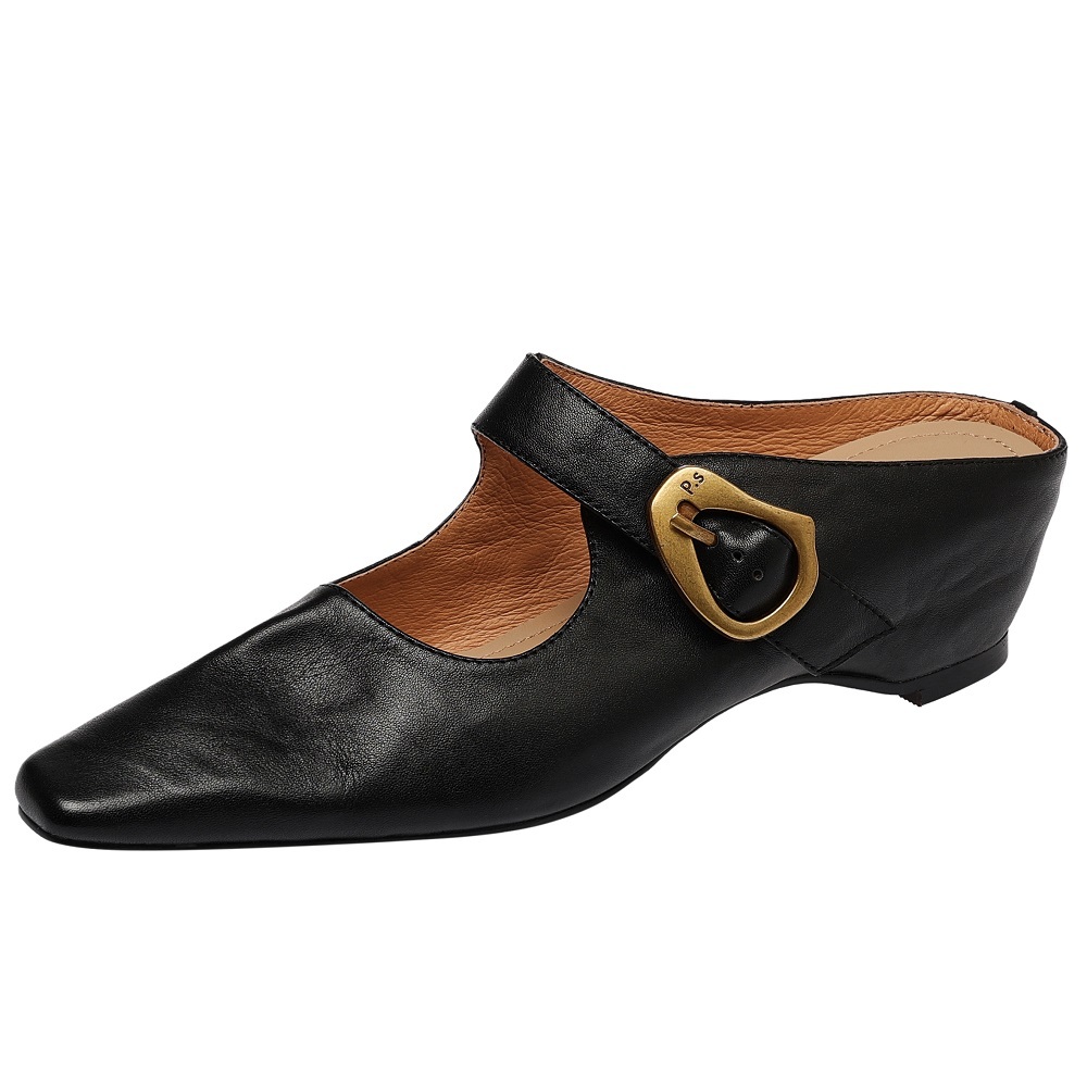 Genuine Leather Women Pointed Toe Cut Out Mule Shoes 4.5 CM High Heel Shallow Mouth Buckle Casual Fashion Slip On Spring Summer Sandals 60523