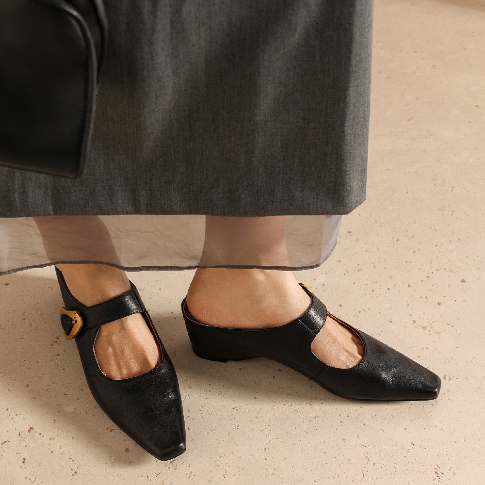 Genuine Leather Women Pointed Toe Cut Out Mule Shoes 4.5 CM High Heel Shallow Mouth Buckle Casual Fashion Slip On Spring Summer Sandals 60523