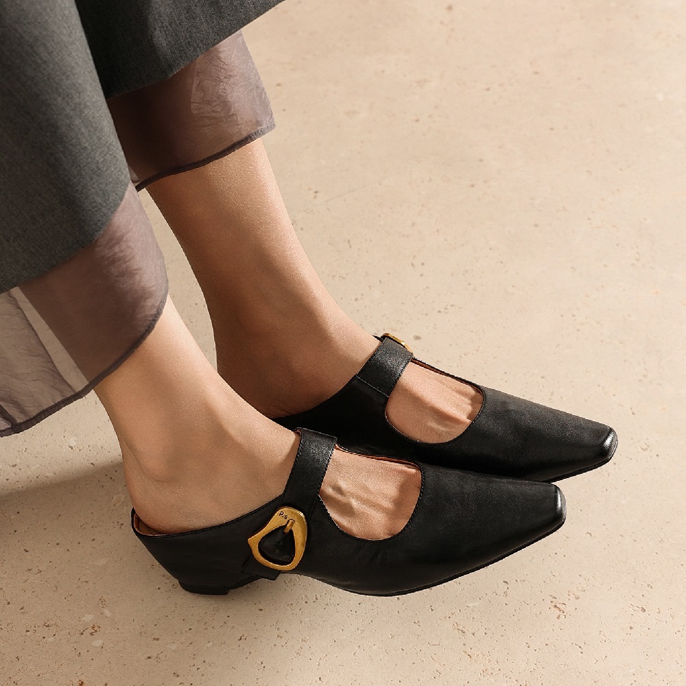 Genuine Leather Women Pointed Toe Cut Out Mule Shoes 4.5 CM High Heel Shallow Mouth Buckle Casual Fashion Slip On Spring Summer Sandals 60523