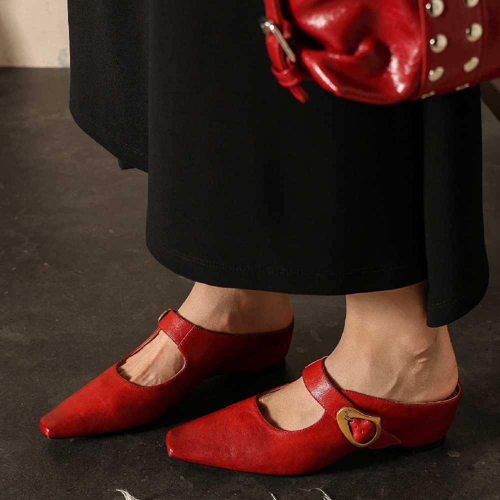 Genuine Leather Women Pointed Toe Cut Out Mule Shoes 4.5 CM High Heel Shallow Mouth Buckle Casual Fashion Slip On Spring Summer Sandals 60523