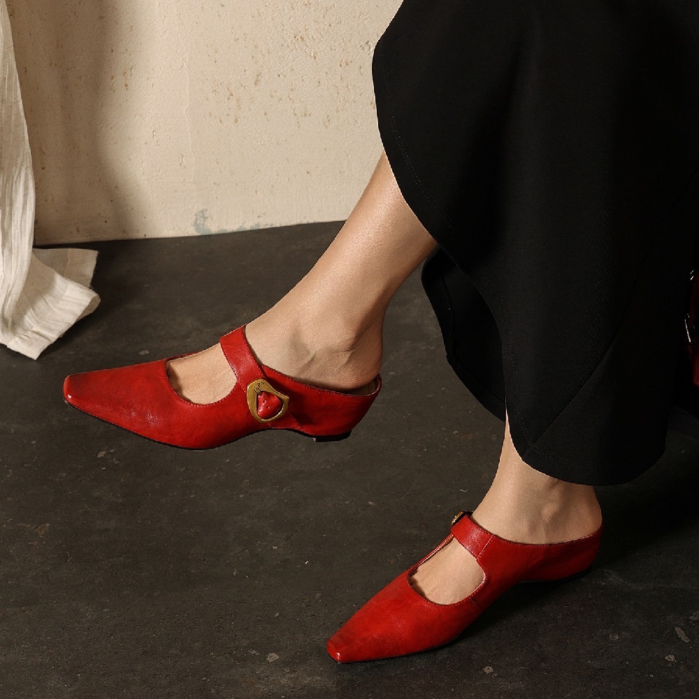 Genuine Leather Women Pointed Toe Cut Out Mule Shoes 4.5 CM High Heel Shallow Mouth Buckle Casual Fashion Slip On Spring Summer Sandals 60523