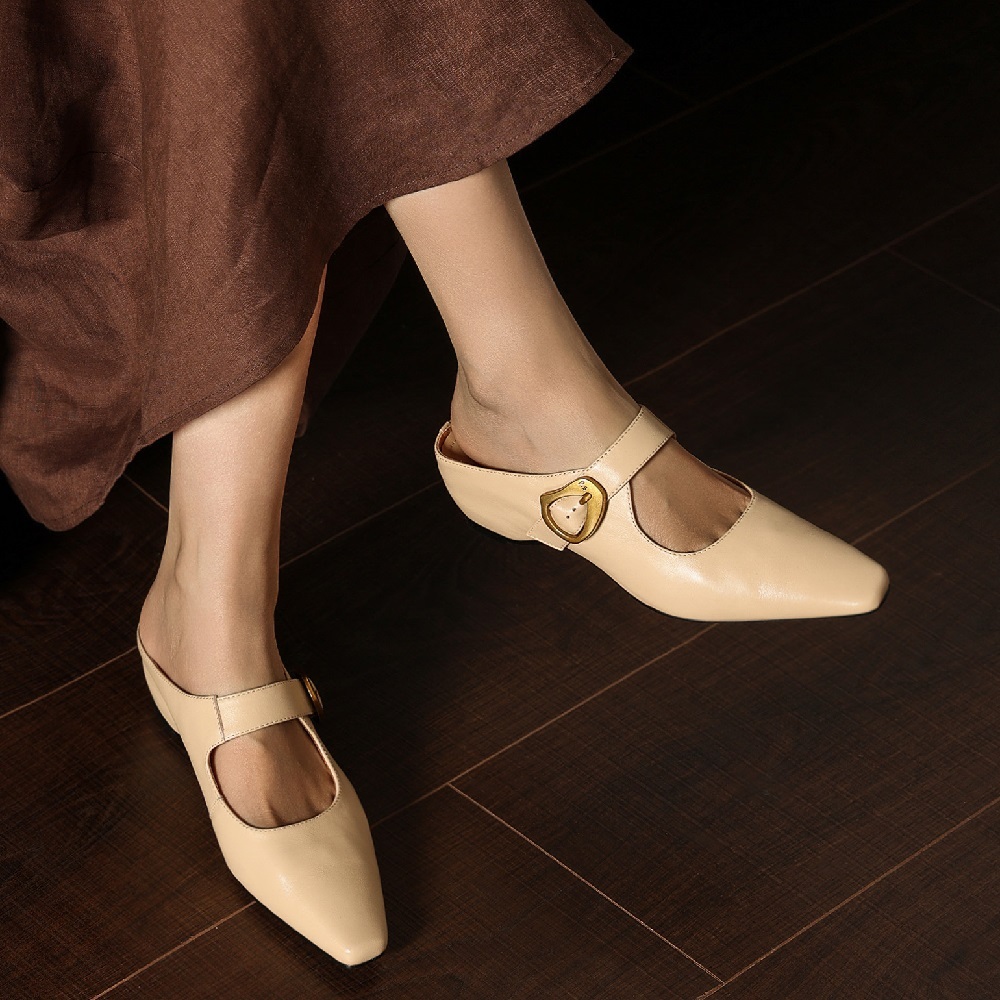 Genuine Leather Women Pointed Toe Cut Out Mule Shoes 4.5 CM High Heel Shallow Mouth Buckle Casual Fashion Slip On Spring Summer Sandals 60523