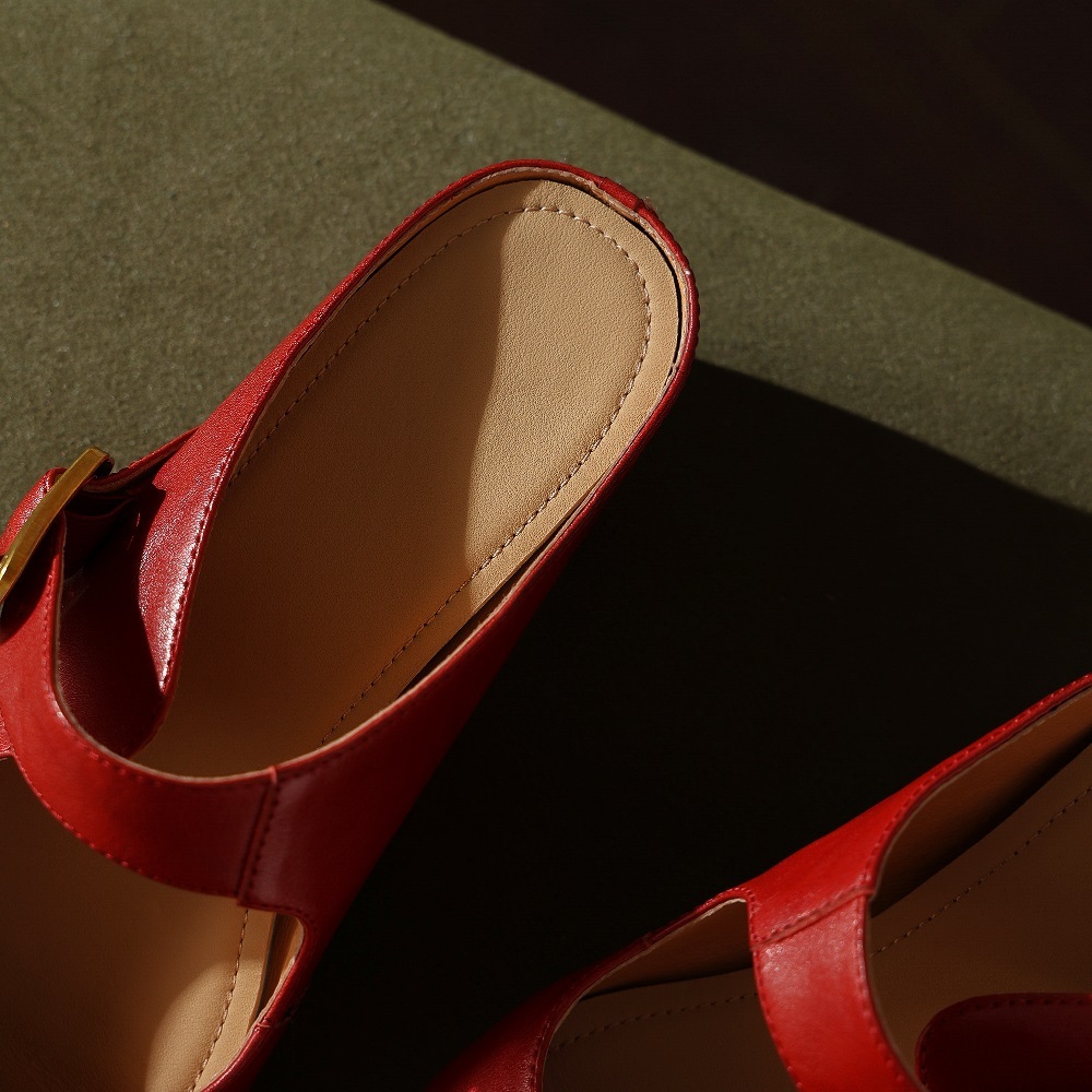 Genuine Leather Women Pointed Toe Cut Out Mule Shoes 4.5 CM High Heel Shallow Mouth Buckle Casual Fashion Slip On Spring Summer Sandals 60523