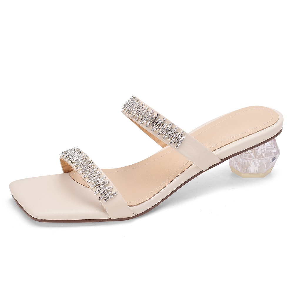 4 CM Crystals Heel Genuine Leather French Square Toe Thin Straps Elegant Minimalist Versatile Summer Women's Mule Slippers 60523