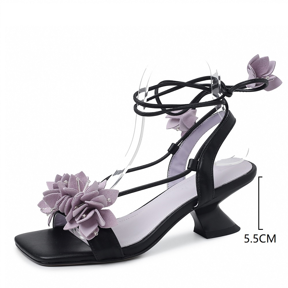 Women's Genuine Leather 3D Flower Cross Lace-up Sandals Bow Tie Ankle Strap 5.5 CM Kitten Heel Square Open Toe Gentle Retro Spring Summer Casual Dress Sandals 60525