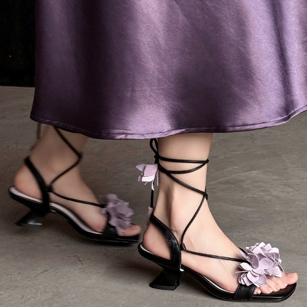 Women's Genuine Leather 3D Flower Cross Lace-up Sandals Bow Tie Ankle Strap 5.5 CM Kitten Heel Square Open Toe Gentle Retro Spring Summer Casual Dress Sandals 60525