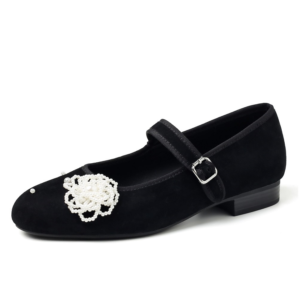 Women's Spring Summer Suede Leather 2 CM Low Block Heel 3D Pearl Flower Shallow Mouth Single Shoes Elegant Sweet Buckle Strap Versatile Flats 60525