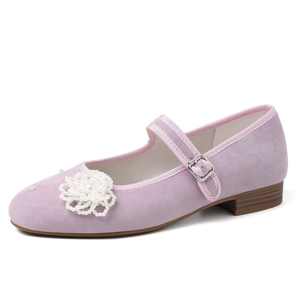 Women's Spring Summer Suede Leather 2 CM Low Block Heel 3D Pearl Flower Shallow Mouth Single Shoes Elegant Sweet Buckle Strap Versatile Flats 60525