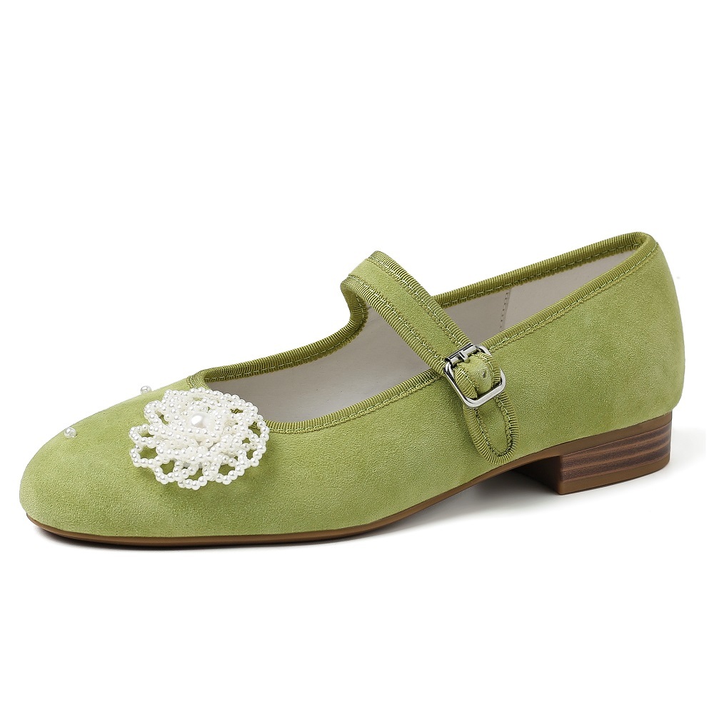 Women's Spring Summer Suede Leather 2 CM Low Block Heel 3D Pearl Flower Shallow Mouth Single Shoes Elegant Sweet Buckle Strap Versatile Flats 60525