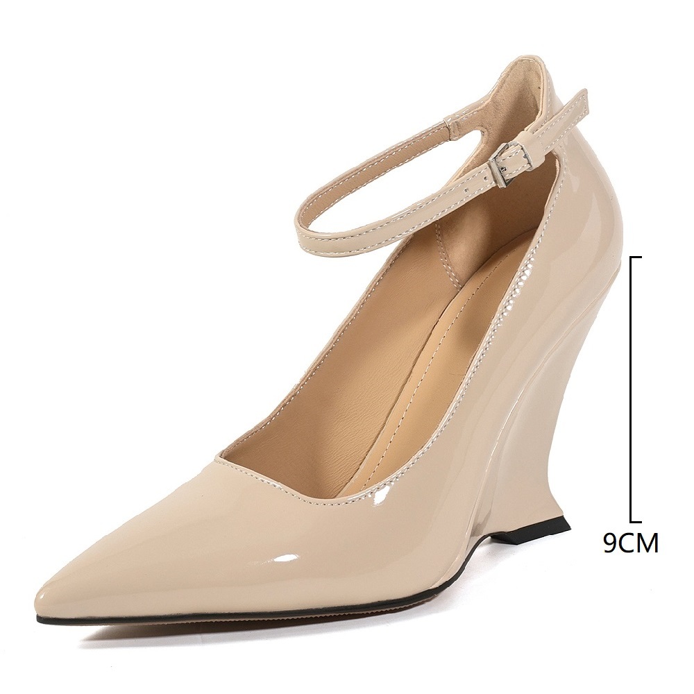 Spring Summer Women's Patent Genuine Leather 10 CM Special Shaped Wedge Heel Pointed Toe Buckle Sexy Casual Fashion European Style Single Shoes 60525