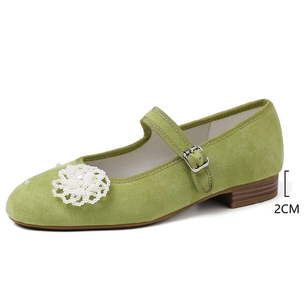 Women's Spring Summer Suede Leather 2 CM Low Block Heel 3D Pearl Flower Shallow Mouth Single Shoes Elegant Sweet Buckle Strap Versatile Flats 60525