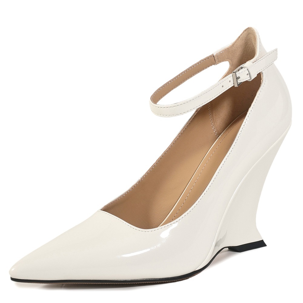 Spring Summer Women's Patent Genuine Leather 10 CM Special Shaped Wedge Heel Pointed Toe Buckle Sexy Casual Fashion European Style Single Shoes 60525