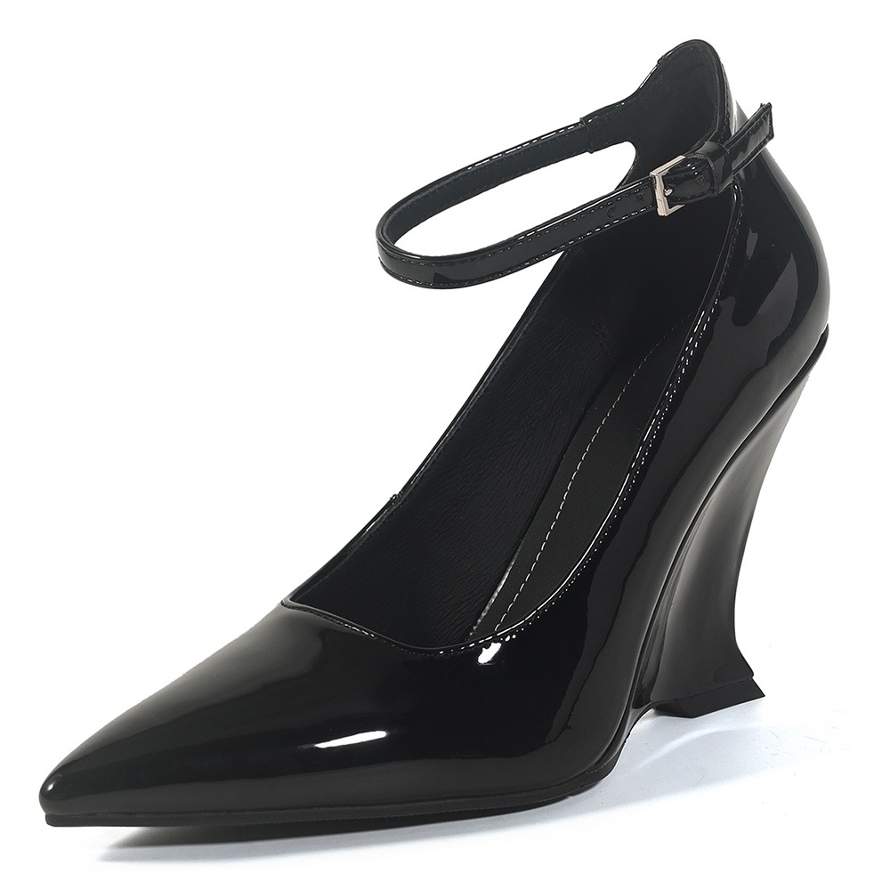 Spring Summer Women's Patent Genuine Leather 10 CM Special Shaped Wedge Heel Pointed Toe Buckle Sexy Casual Fashion European Style Single Shoes 60525