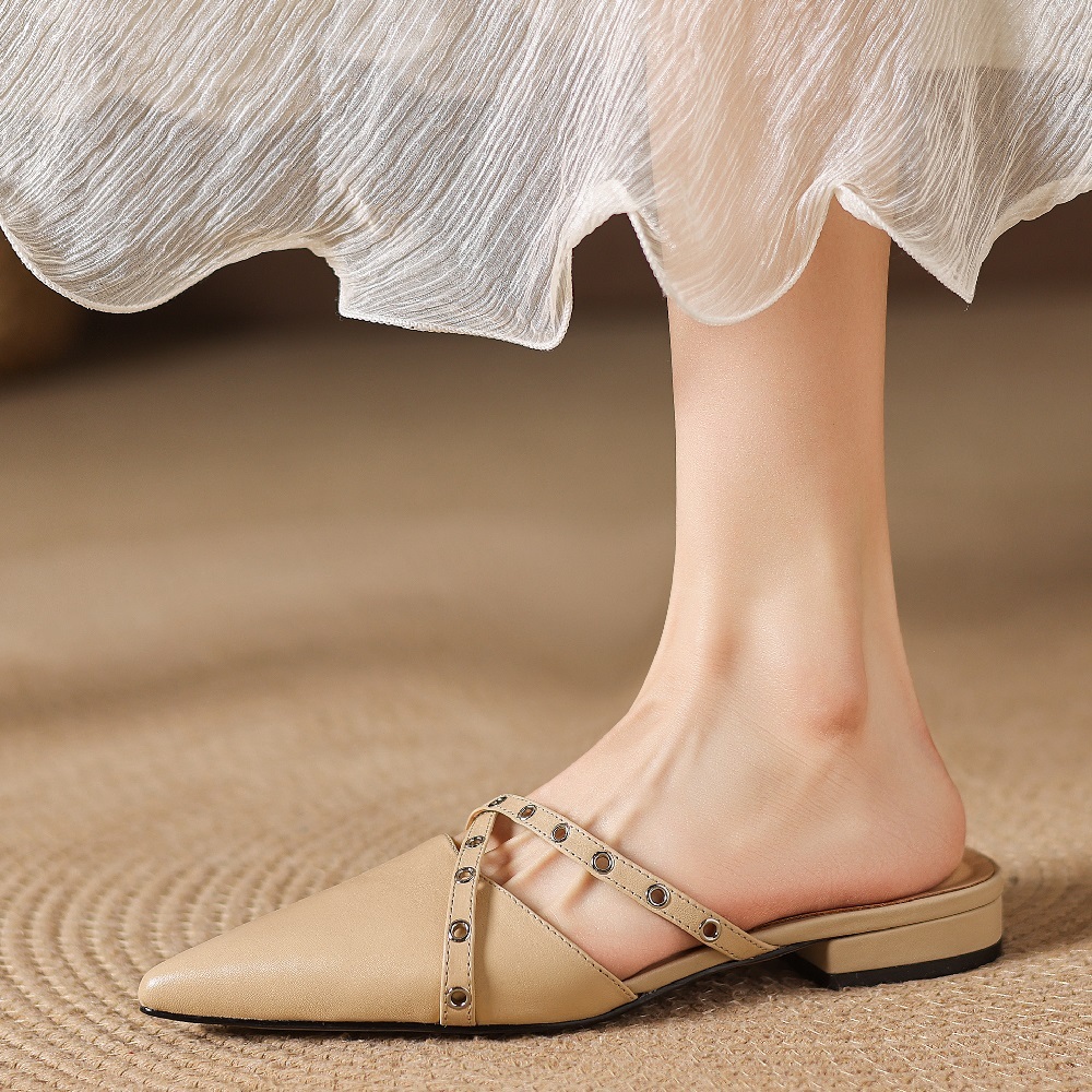 Women Genuine Leather Pointed Toe Mules Rivets Cross Strap French Style Shallow Mouth 2 CM Low Heel Summer Fashion Slippers 60526