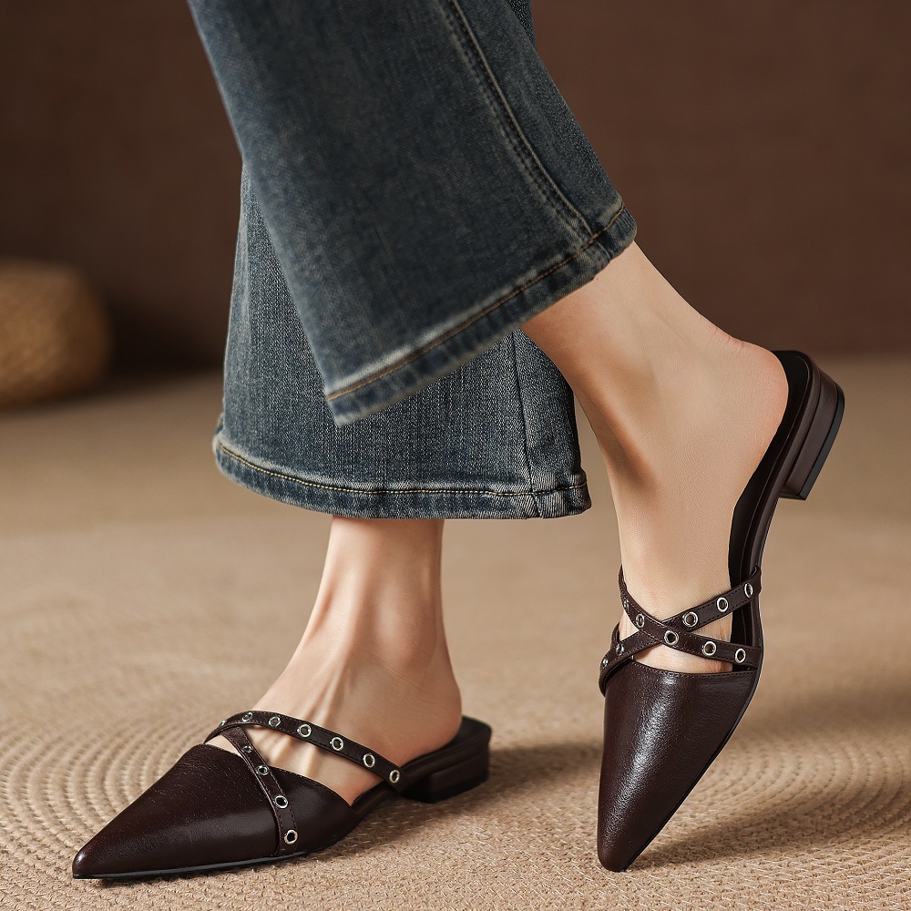 Women Genuine Leather Pointed Toe Mules Rivets Cross Strap French Style Shallow Mouth 2 CM Low Heel Summer Fashion Slippers 60526