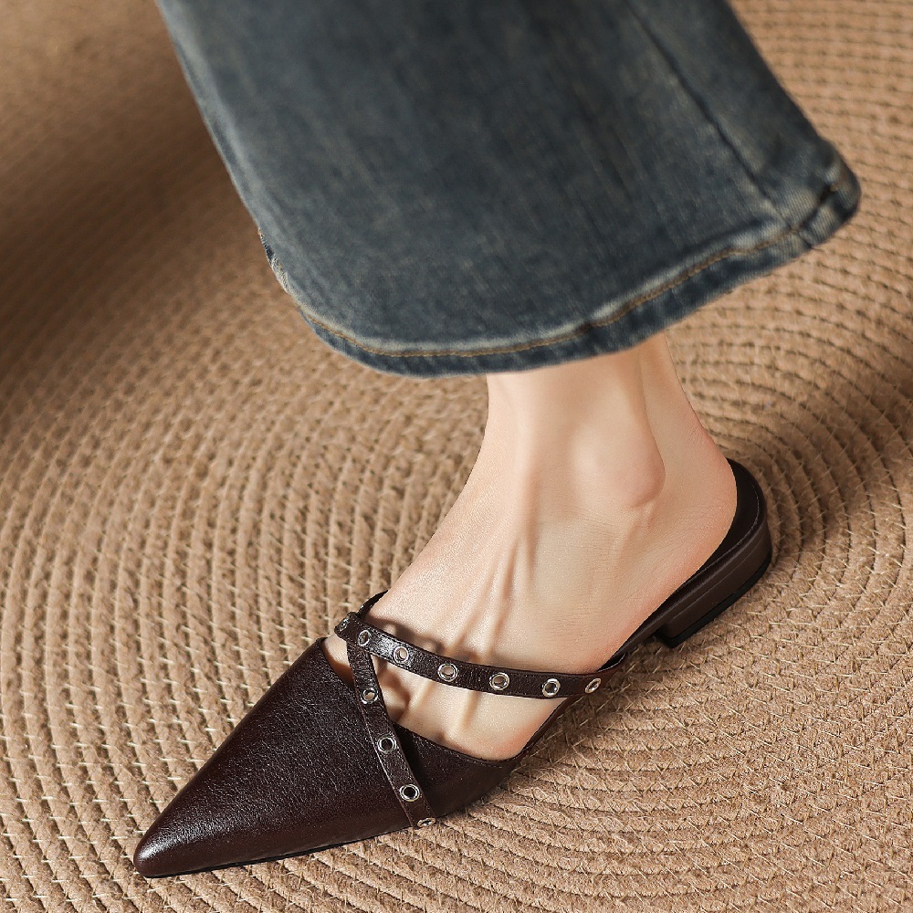 Women Genuine Leather Pointed Toe Mules Rivets Cross Strap French Style Shallow Mouth 2 CM Low Heel Summer Fashion Slippers 60526