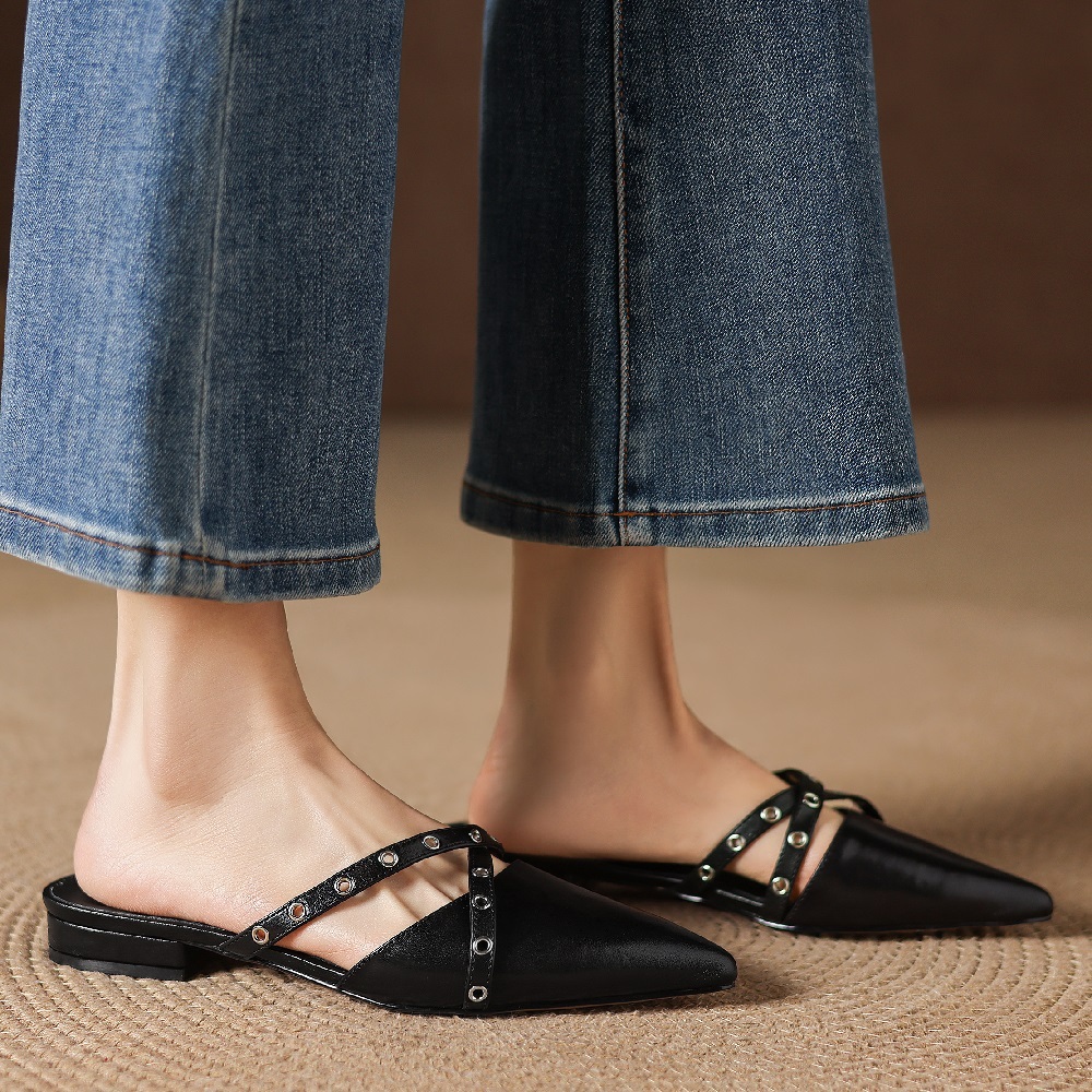 Women Genuine Leather Pointed Toe Mules Rivets Cross Strap French Style Shallow Mouth 2 CM Low Heel Summer Fashion Slippers 60526