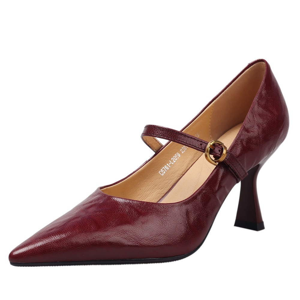 Spring Summer Women Retro High Heels Genuine Leather Pointed Toe Shallow Mouth Belt Buckle 7.2 CM Slim Heel Fashion Elegant Pumps 60526