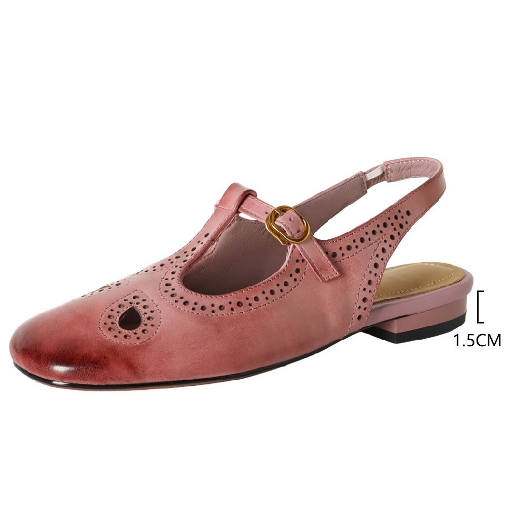 Women Genuine Leather Cut Out Retro Brogue Carved T-Strap Closed Toe Backless Sandals Casual Daily Spring Summer Shoes 60526