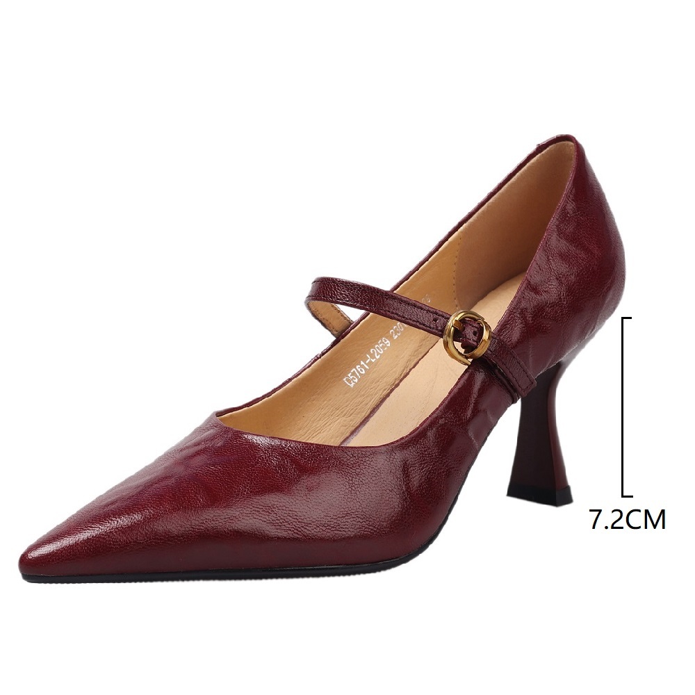 Spring Summer Women Retro High Heels Genuine Leather Pointed Toe Shallow Mouth Belt Buckle 7.2 CM Slim Heel Fashion Elegant Pumps 60526
