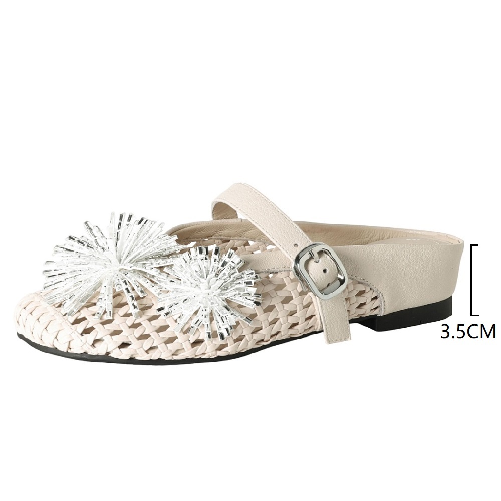 Women's Genuine Leather Woven Hollow Out One-Strap Adjustable Buckle Firework Crystals Closed Toe Slingback Versatile Mules 60526