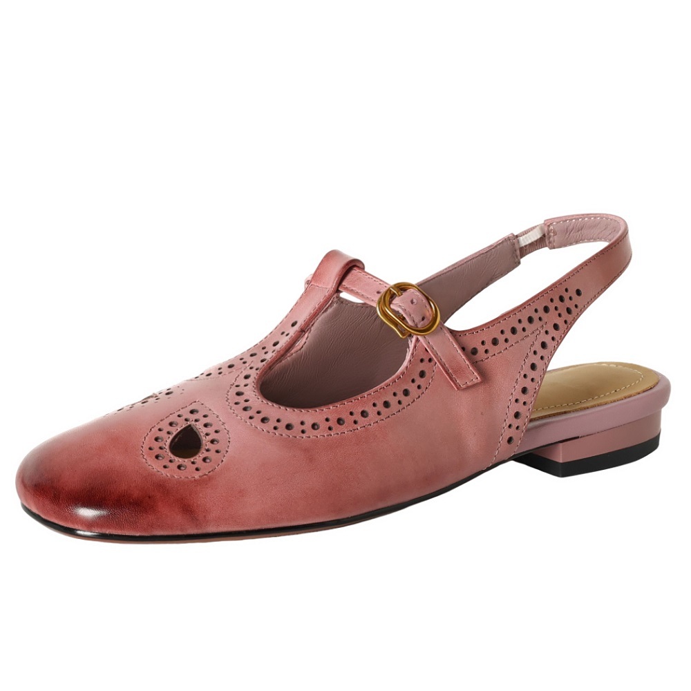 Women Genuine Leather Cut Out Retro Brogue Carved T-Strap Closed Toe Backless Sandals Casual Daily Spring Summer Shoes 60526