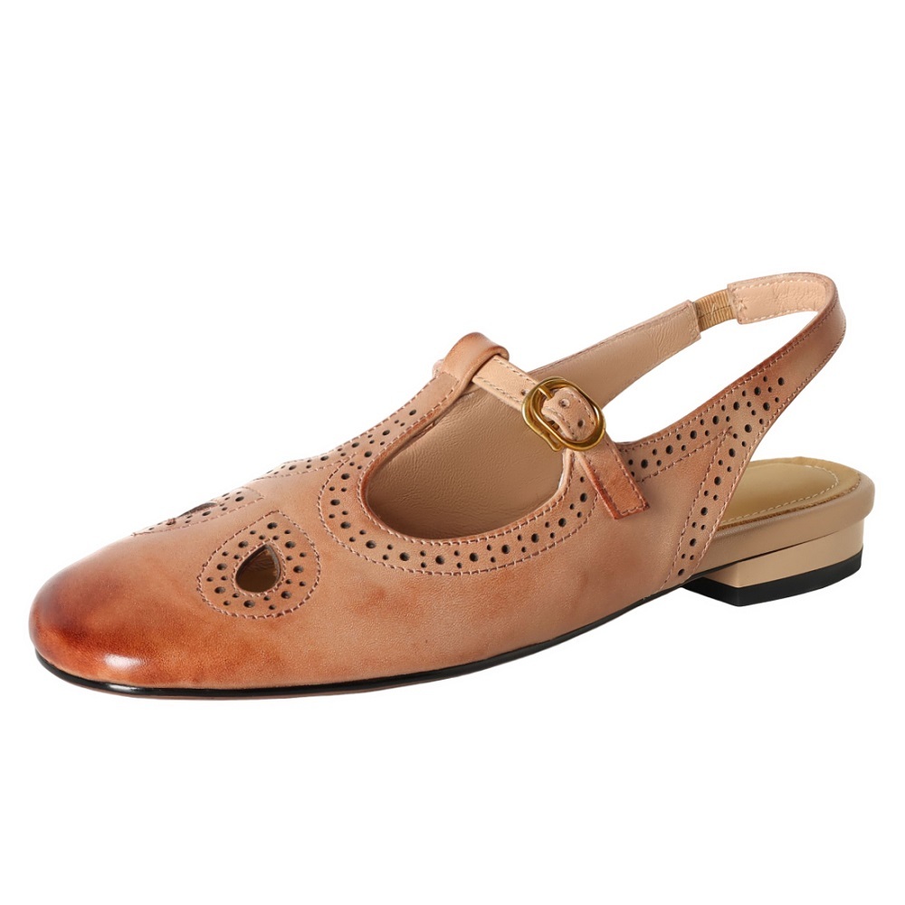 Women Genuine Leather Cut Out Retro Brogue Carved T-Strap Closed Toe Backless Sandals Casual Daily Spring Summer Shoes 60526