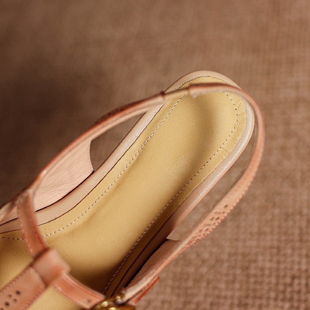 Women Genuine Leather Cut Out Retro Brogue Carved T-Strap Closed Toe Backless Sandals Casual Daily Spring Summer Shoes 60526