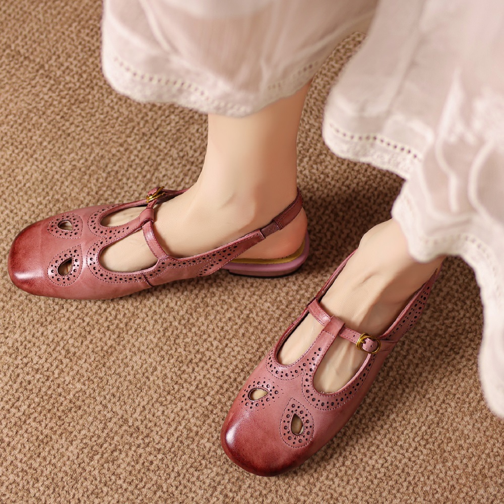 Women Genuine Leather Cut Out Retro Brogue Carved T-Strap Closed Toe Backless Sandals Casual Daily Spring Summer Shoes 60526