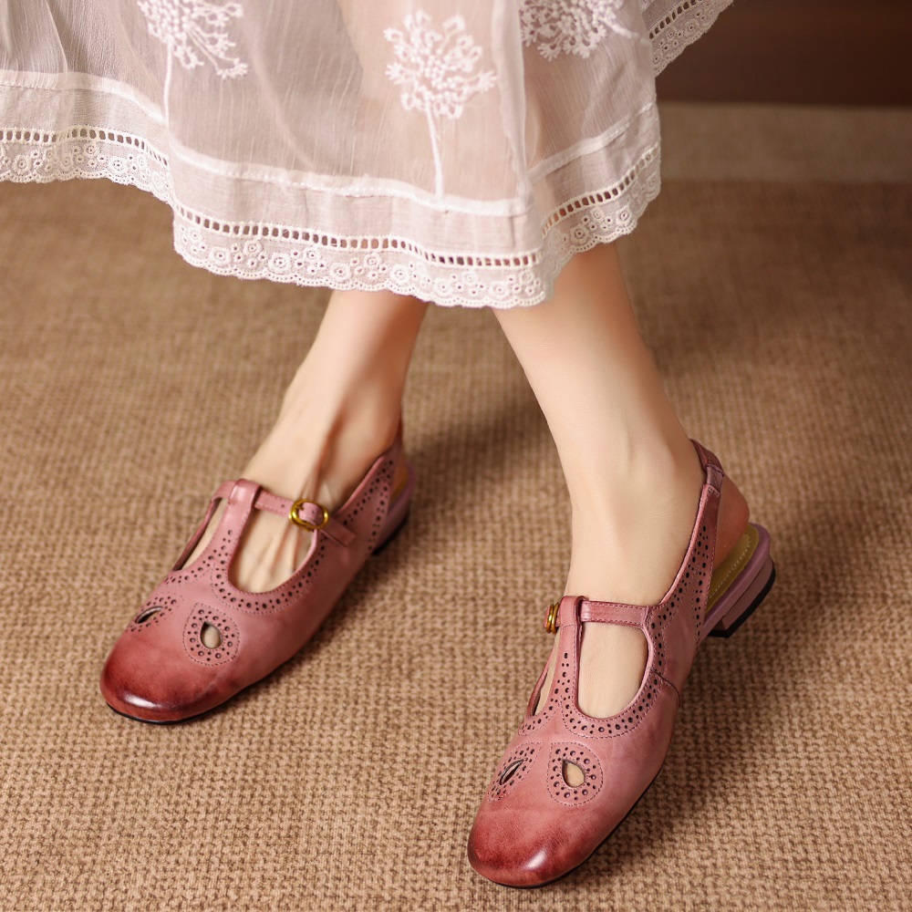 Women Genuine Leather Cut Out Retro Brogue Carved T-Strap Closed Toe Backless Sandals Casual Daily Spring Summer Shoes 60526