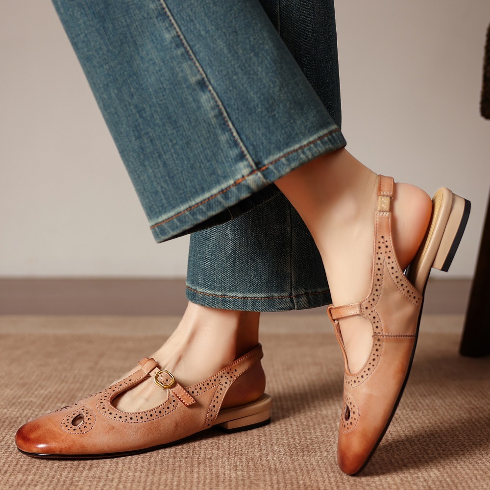 Women Genuine Leather Cut Out Retro Brogue Carved T-Strap Closed Toe Backless Sandals Casual Daily Spring Summer Shoes 60526