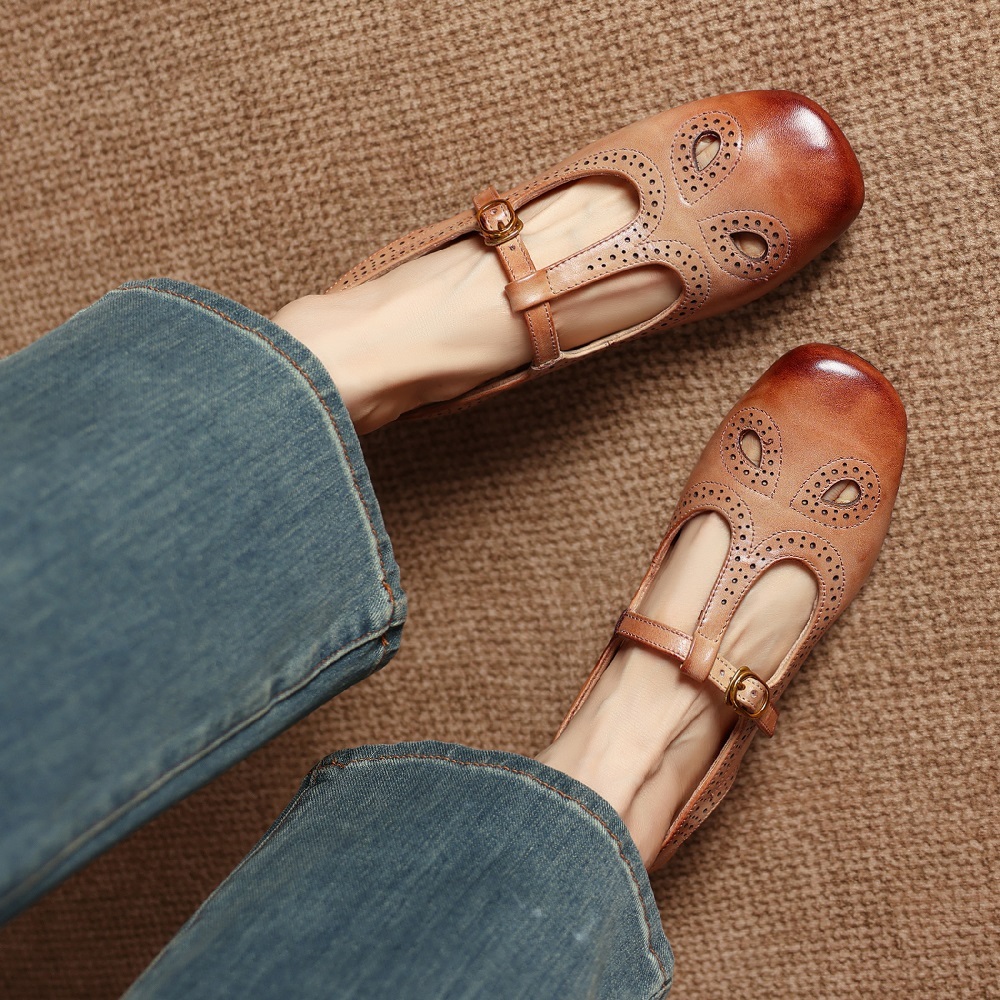 Women Genuine Leather Cut Out Retro Brogue Carved T-Strap Closed Toe Backless Sandals Casual Daily Spring Summer Shoes 60526