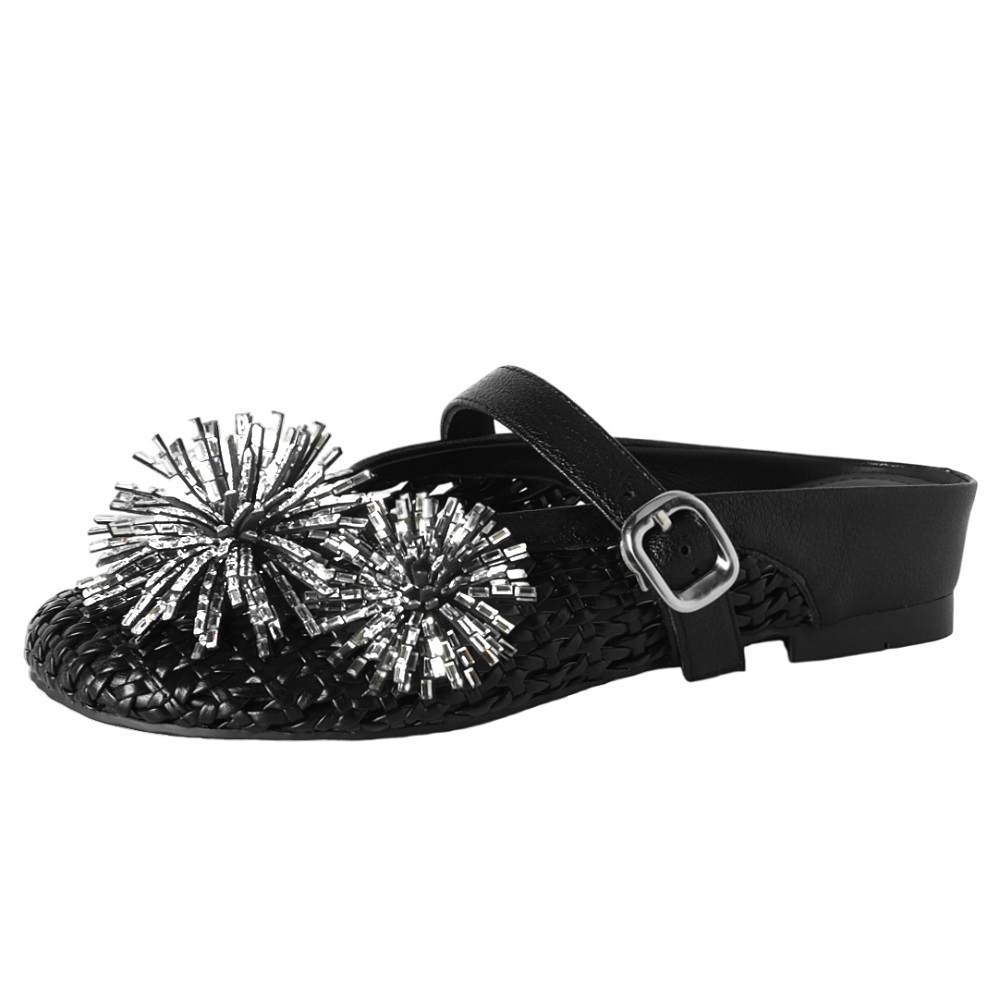 Women's Genuine Leather Woven Hollow Out One-Strap Adjustable Buckle Firework Crystals Closed Toe Slingback Versatile Mules 60526