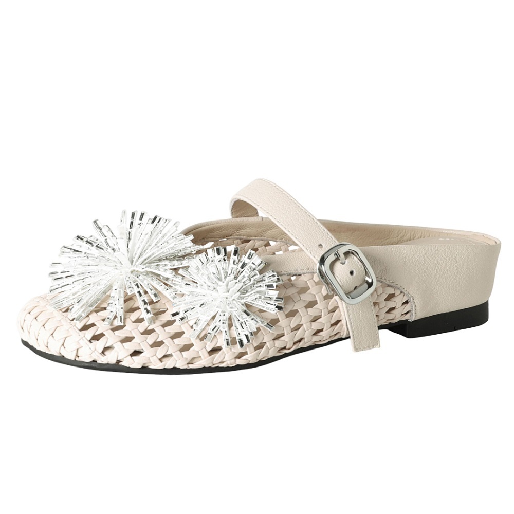 Women's Genuine Leather Woven Hollow Out One-Strap Adjustable Buckle Firework Crystals Closed Toe Slingback Versatile Mules 60526