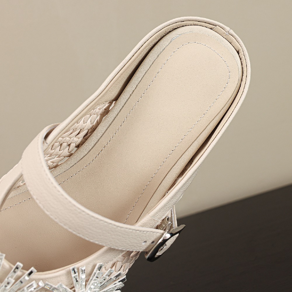 Women's Genuine Leather Woven Hollow Out One-Strap Adjustable Buckle Firework Crystals Closed Toe Slingback Versatile Mules 60526