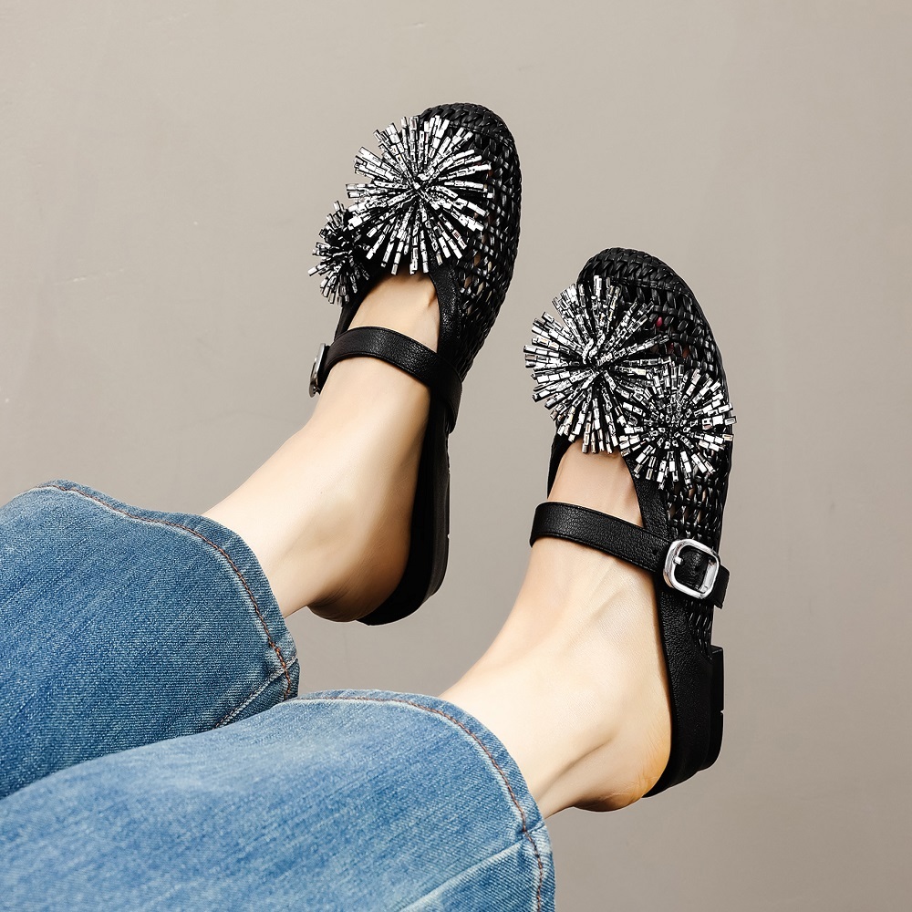 Women's Genuine Leather Woven Hollow Out One-Strap Adjustable Buckle Firework Crystals Closed Toe Slingback Versatile Mules 60526