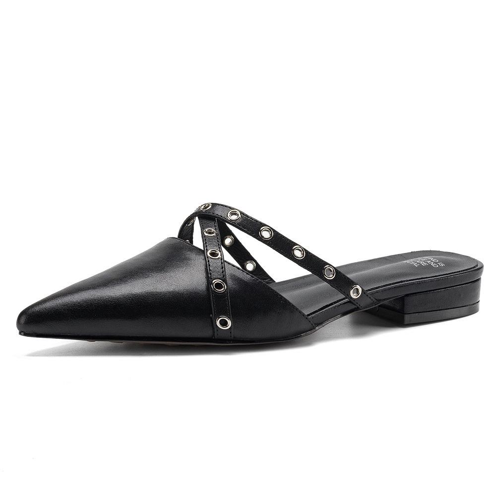 Women Genuine Leather Pointed Toe Mules Rivets Cross Strap French Style Shallow Mouth 2 CM Low Heel Summer Fashion Slippers 60526